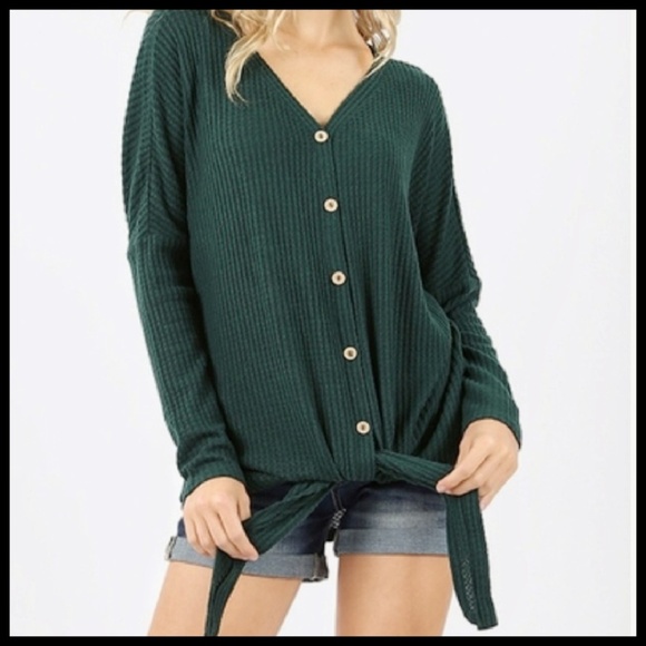 Zenana Outfitters Tops - Last One! Tie Front Waffle Knit Top, Green, NIP